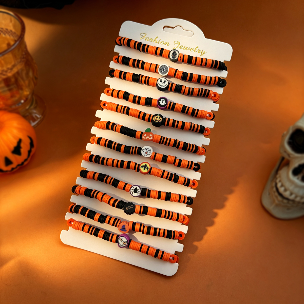 12pcs Halloween Polymer Clay Beaded Bracelet Set, Fun Gift