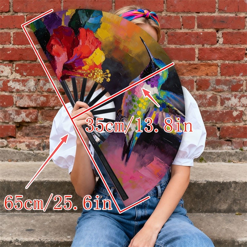 TEMU Men's Handheld Fan, 1pc, Polyester Material, Hummingbird And Hibiscus Print, Portable Cooling For Outdoor/travel, Stylish And Functional Accessory, Without Battery