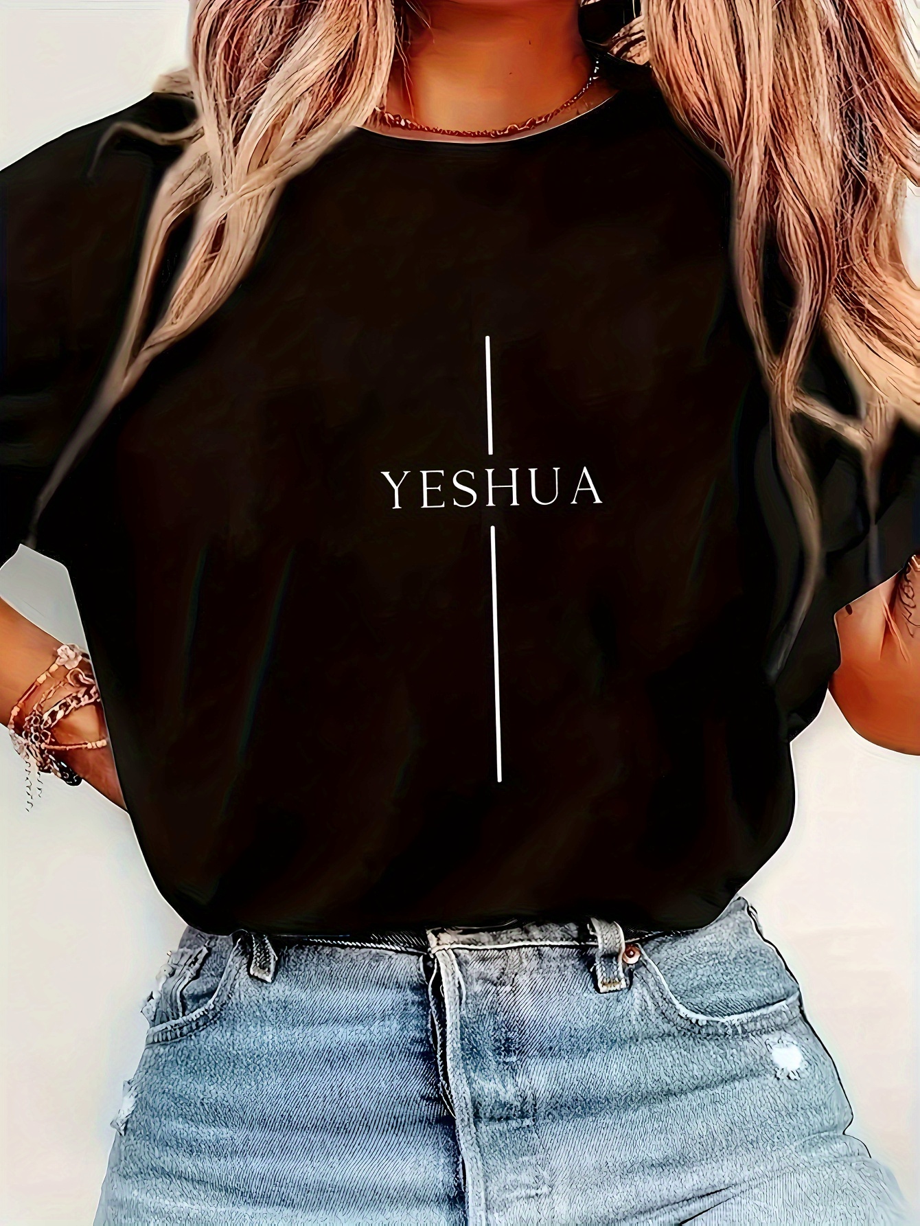   Women s Y2K Faith Theme T-Shirt -     Cross &   Print  ian Apparel, Soft Polyester Blend Short Sleeve Crew Neck Top, White with Black Lettering,   Casual Wear for Church & Everyday Outfits