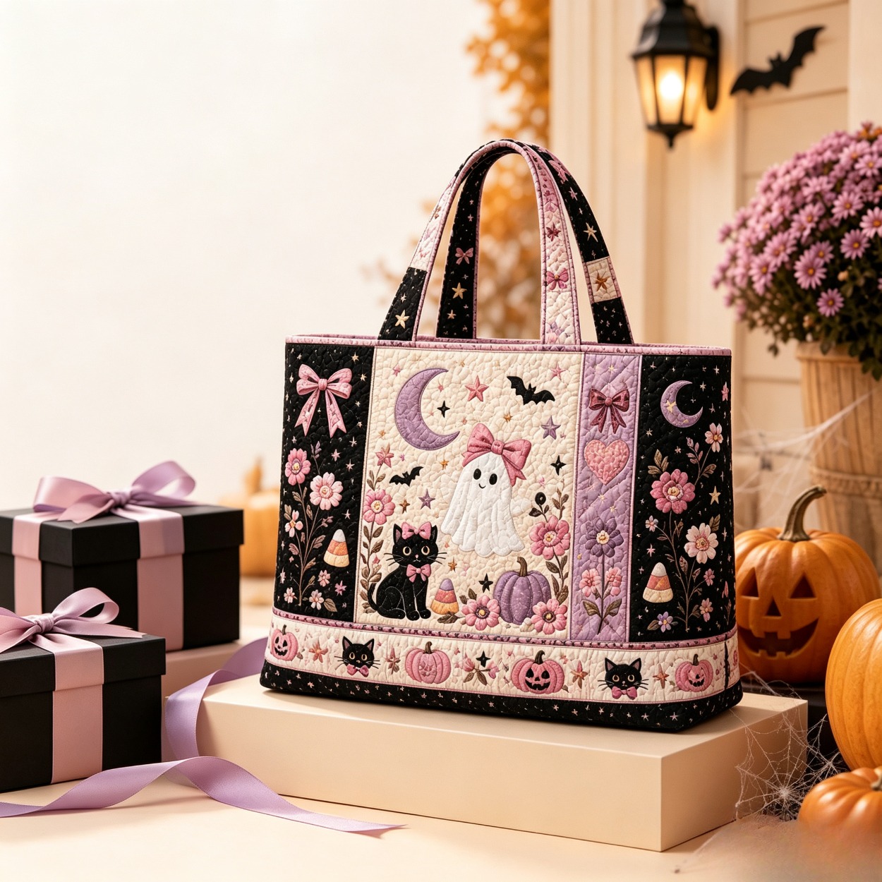 Women' Pinkoween Large Quilted Tote Bag With Black Cat Bow & Coquette Shoulder Strap - Spooky Zipper Closure Handbag Suitable For Parties, Trick-or-treat, Everyday Use, Reusable Bag For, Shopping