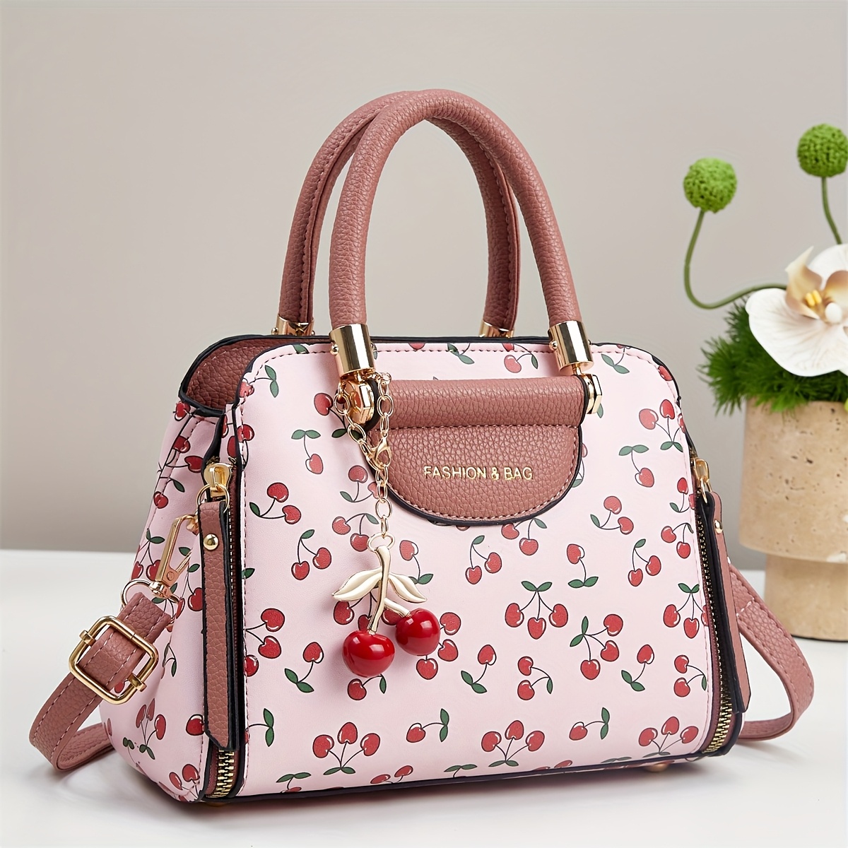 TEMU New Large-capacity Bag, Easy Temperament, Sweet And Advanced Splicing Contrasting Colors, Cherry Hanging Chain With Internet , Good Texture And