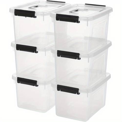 6 pack clear plastic storage boxes with locking latches stackable organizer containers for home office closet organization heavy duty space saving bins 6qt multipurpose lockable design closet bathroom trunks