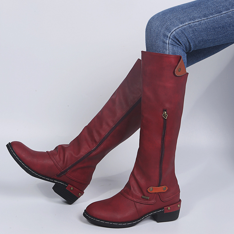 Image of 2026 Style Women's Round-toe Knee-high Boots, Low Block Heel Side Boots, Comfortable Western-style Tall Boots, Wear-friendly And -free, Ideal For Spring, Autumn And Daily Outfits, Women Shoes