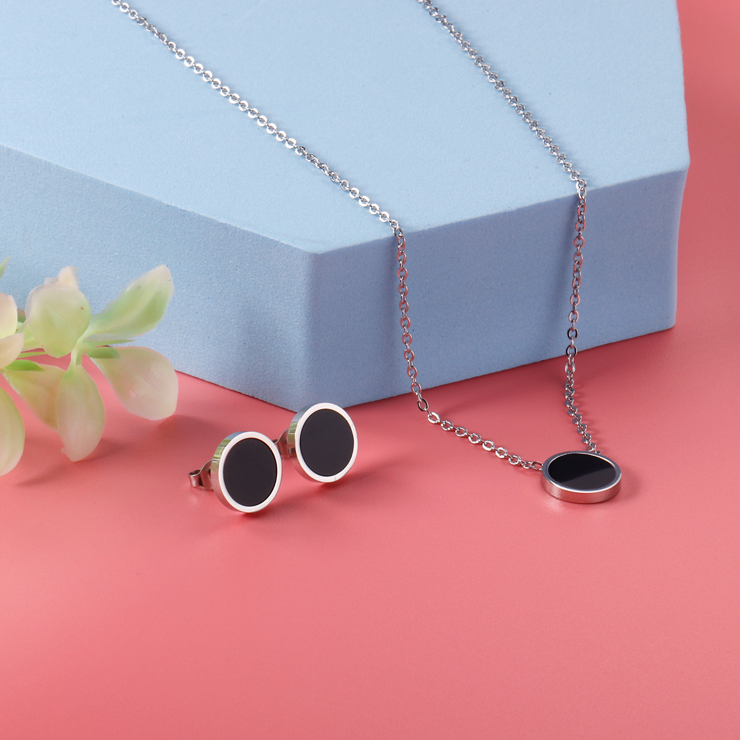 Image of A Minimalist Black Round Pendant Necklace And Stud Earrings Set, 316l Stainless Steel Jewelry Set, Classic And Stylish Pendant Accessory Necklace, Stud Earrings For Women And Men