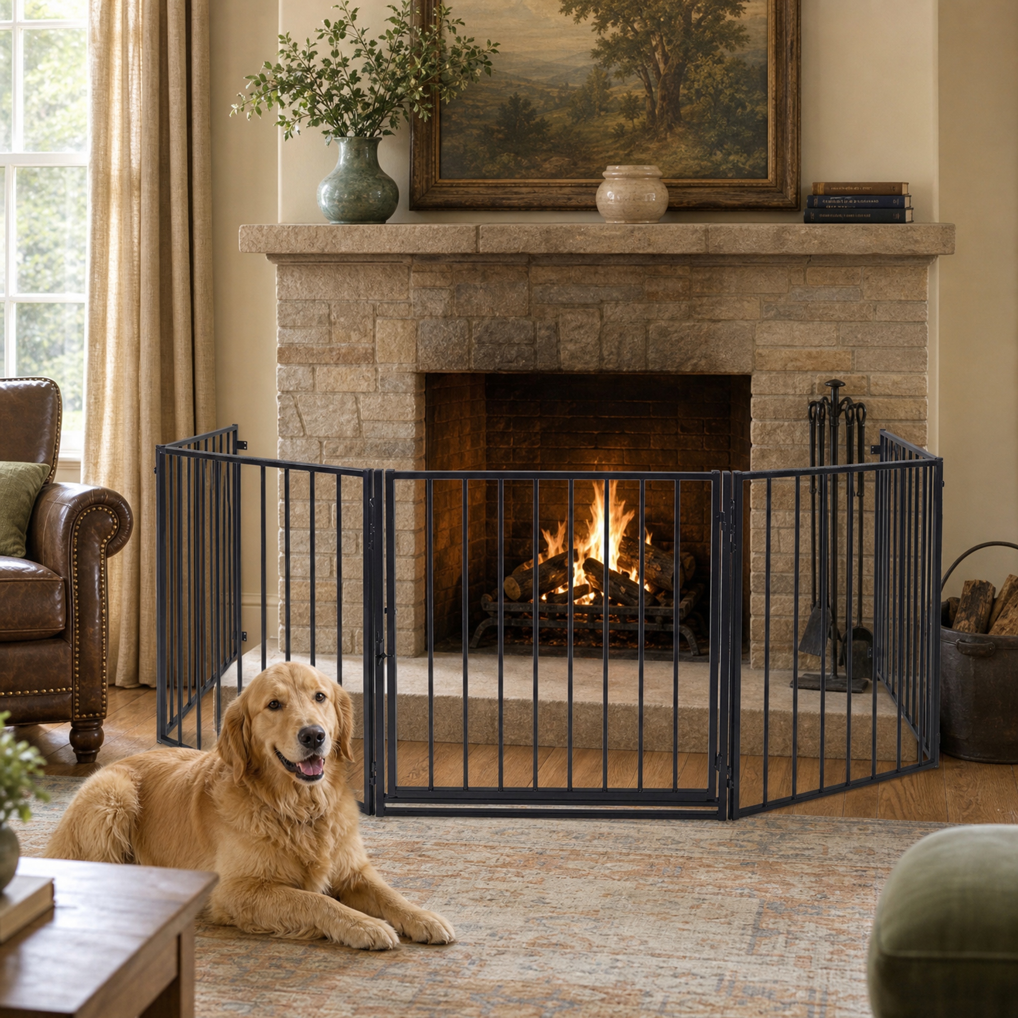 Image of 5-panel Expandable Pet & Fireplace Safety Gate With Door, Pressure-mounted No-drill Installation, Safety Barrier For Dogs, Stairs, Doorways & Fireplaces