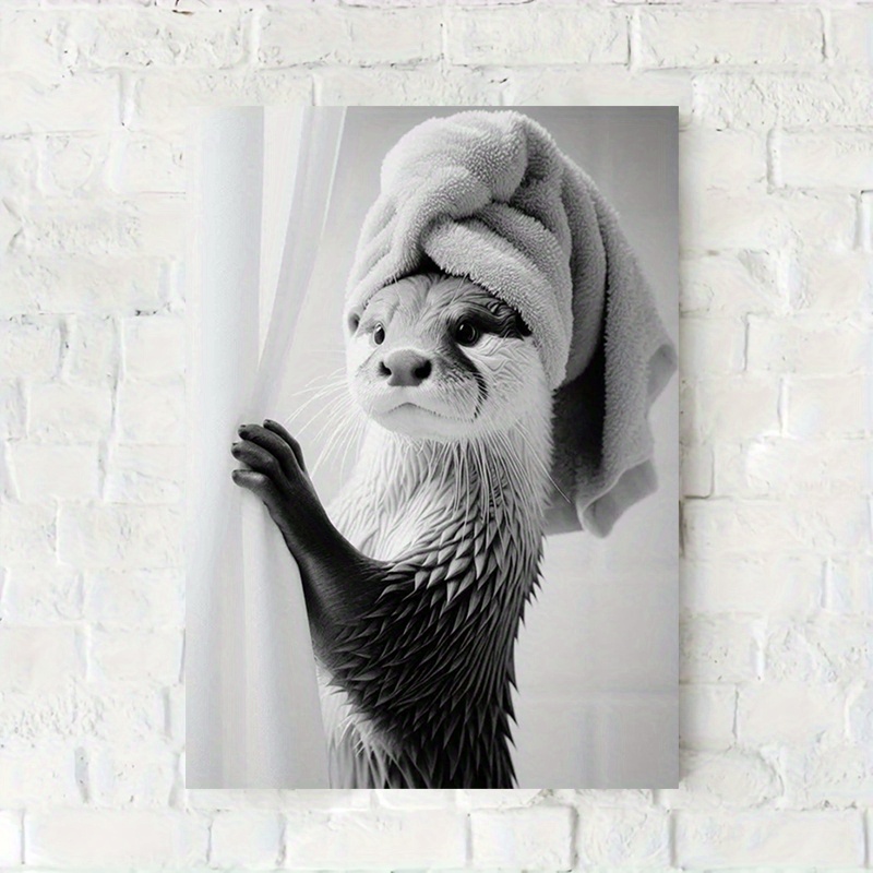 

1 Otter Peeking From Shower Curtain - 12x16" Canvas Art Print | , Humorous Bathroom Wall Decor | Home, Bedroom, Kitchen, Living Room, Hotel, Cafe, And Office, Otter Wall Art, Room Decor