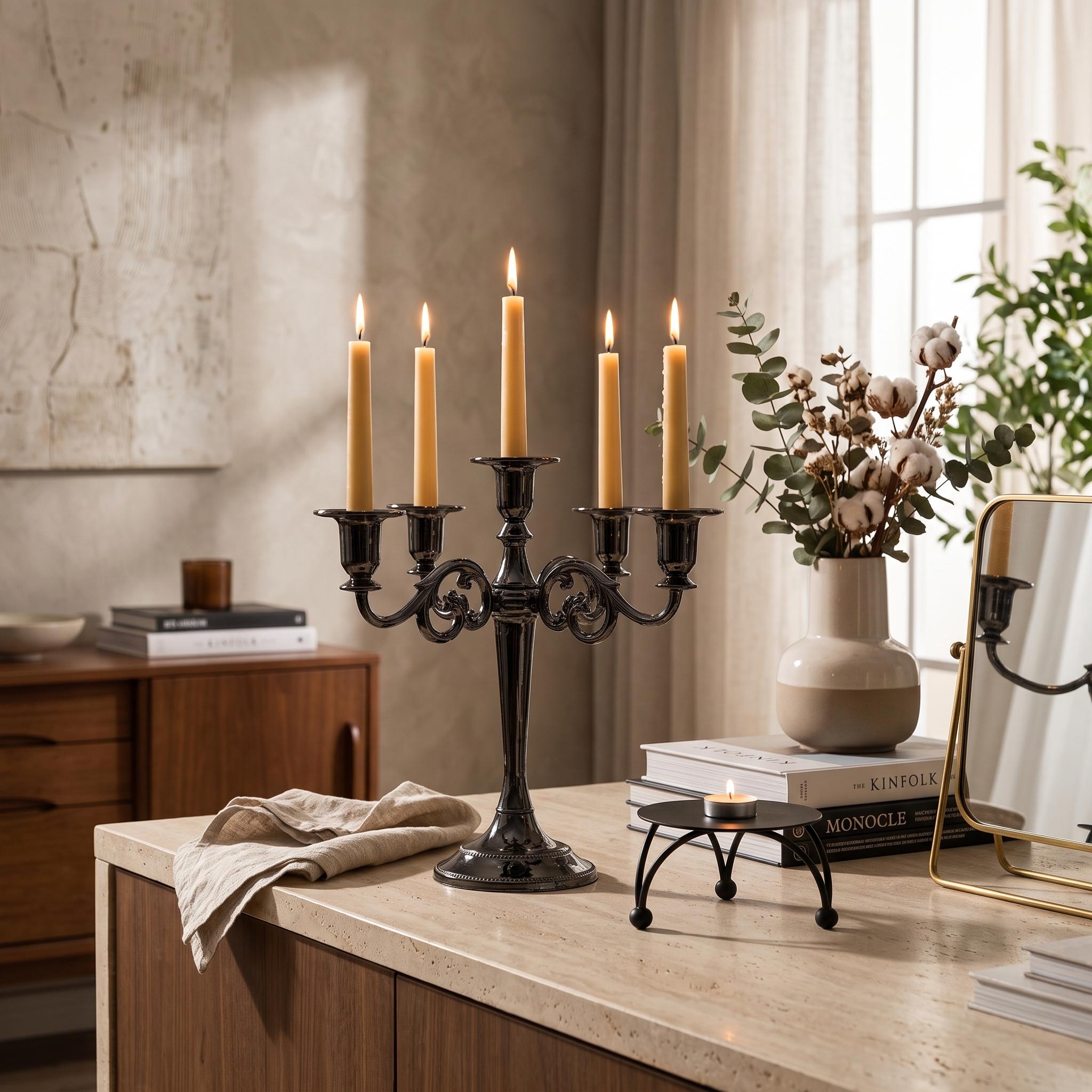 TEMU 2pcs Home Decor Set (1 Black Five-arm Candlestick + 1 Candle Plate), Vintage Taper Candle Holder, Elegant Table Centerpiece For Weddings, Dining