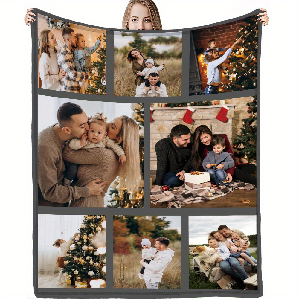 1pc cozy custom photo flannel blanket personalized picture throw for couples family soft warm memory blanket ideal for office bed sofa armchair napping camping travel machine washable     multipurpose polyester knit details 5