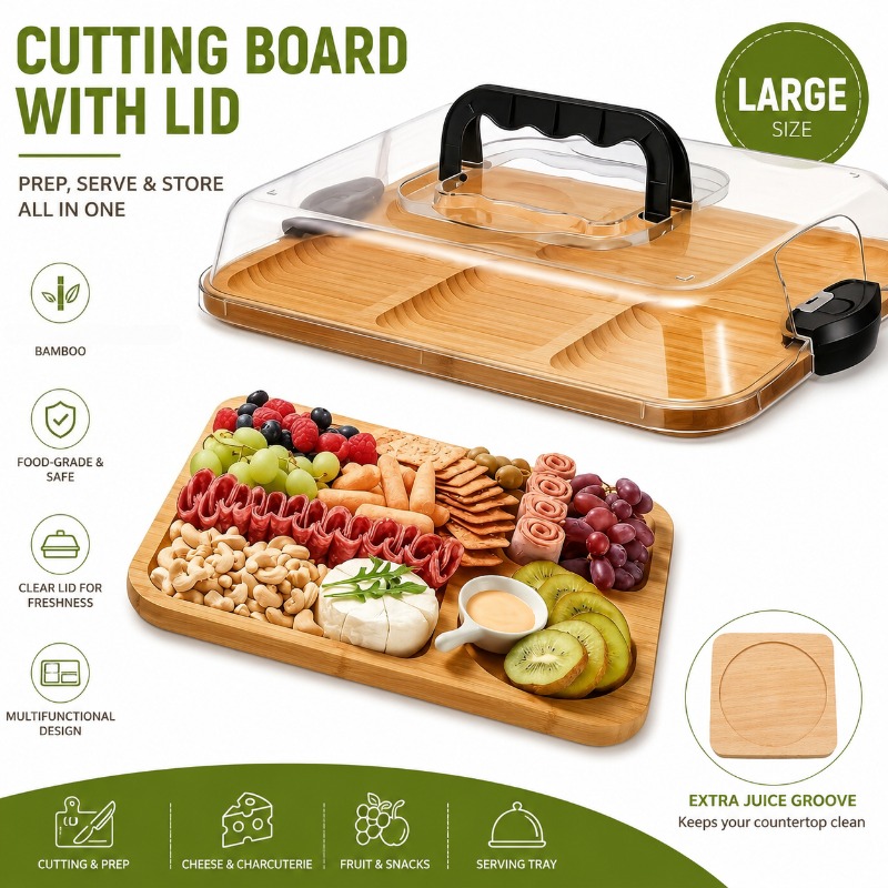 TEMU 2pcs Bamboo Cutting Board Set With Transparent Cover, Includes Coaster, Large Serving And Charcuterie Board With Lid, Multi-functional Food Prep