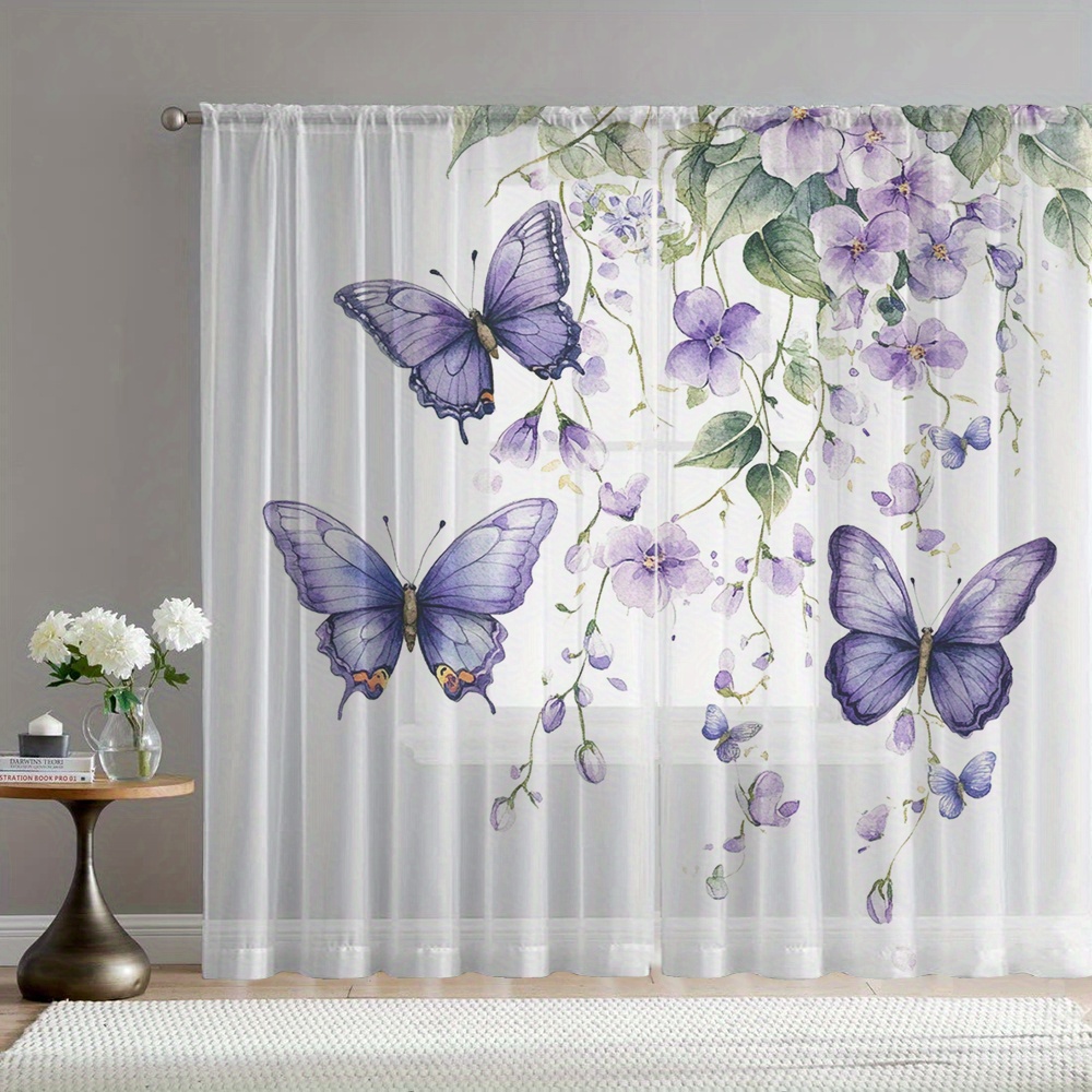TEMU 2pcs Purple Floral Dream Printed Home Decor Sheer Curtains, With Rod Pocket, Flowing Sheer Drapes Suitable For Kitchen, Café, Living Room,