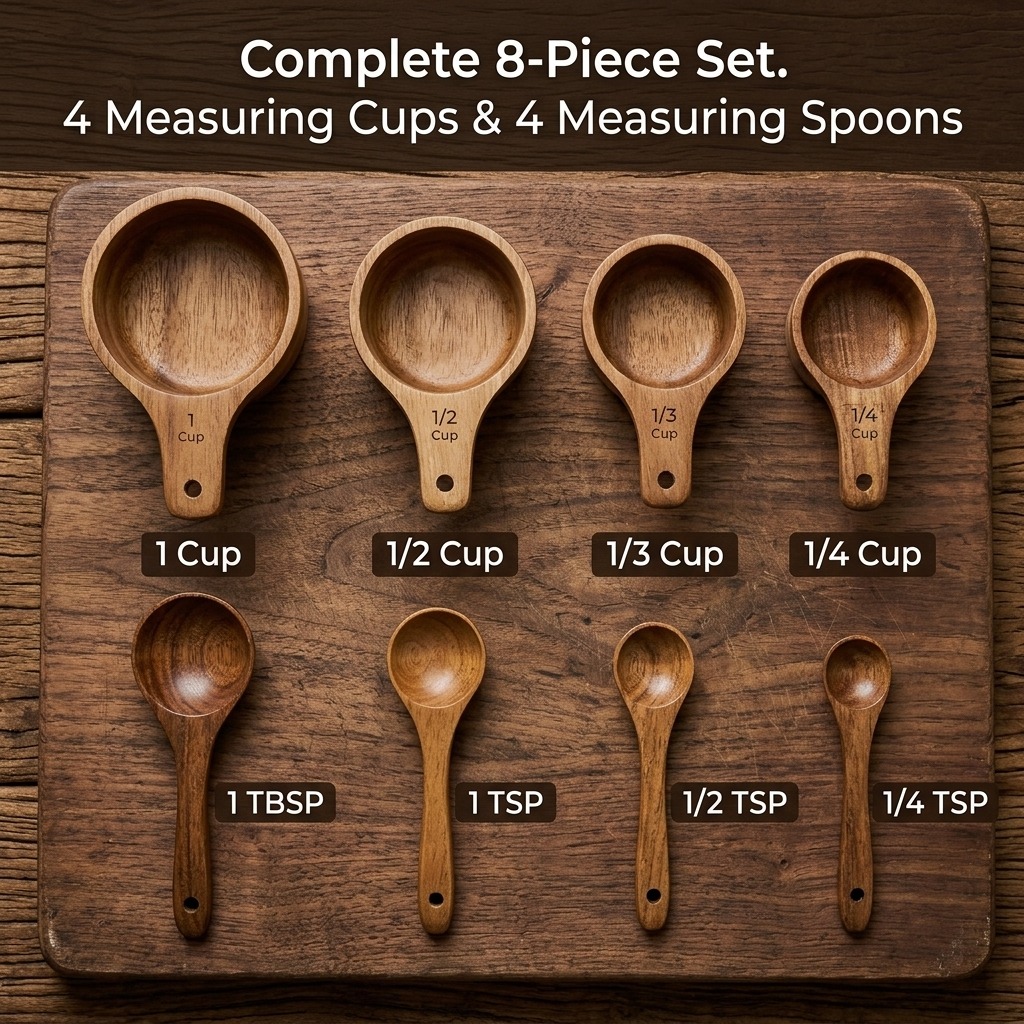 TEMU Wooden Measuring Spoons And Cups Set, 8pcs Acacia Wood Measuring Set For Baking And Cooking, Laser Engraved , Natural Dark Wood Kitchen Gadgets
