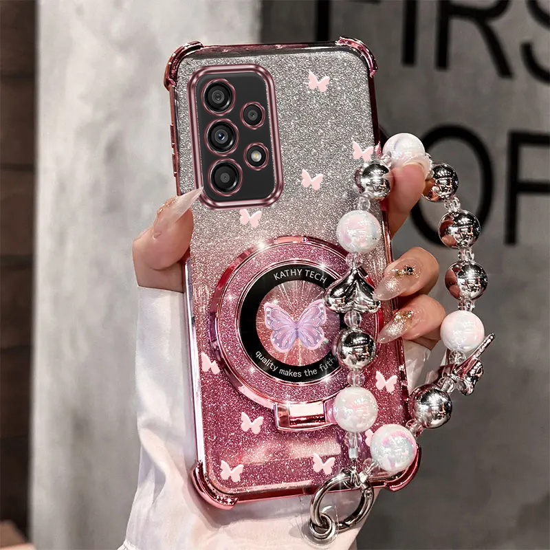 E-shop Handyhülle - Magnetische Glitzer Handyhülle mit luxuriöser Schmetterling Perlen-Armband, Entwickelt für Samsung Galaxy A53 und Galaxy A53 5G,