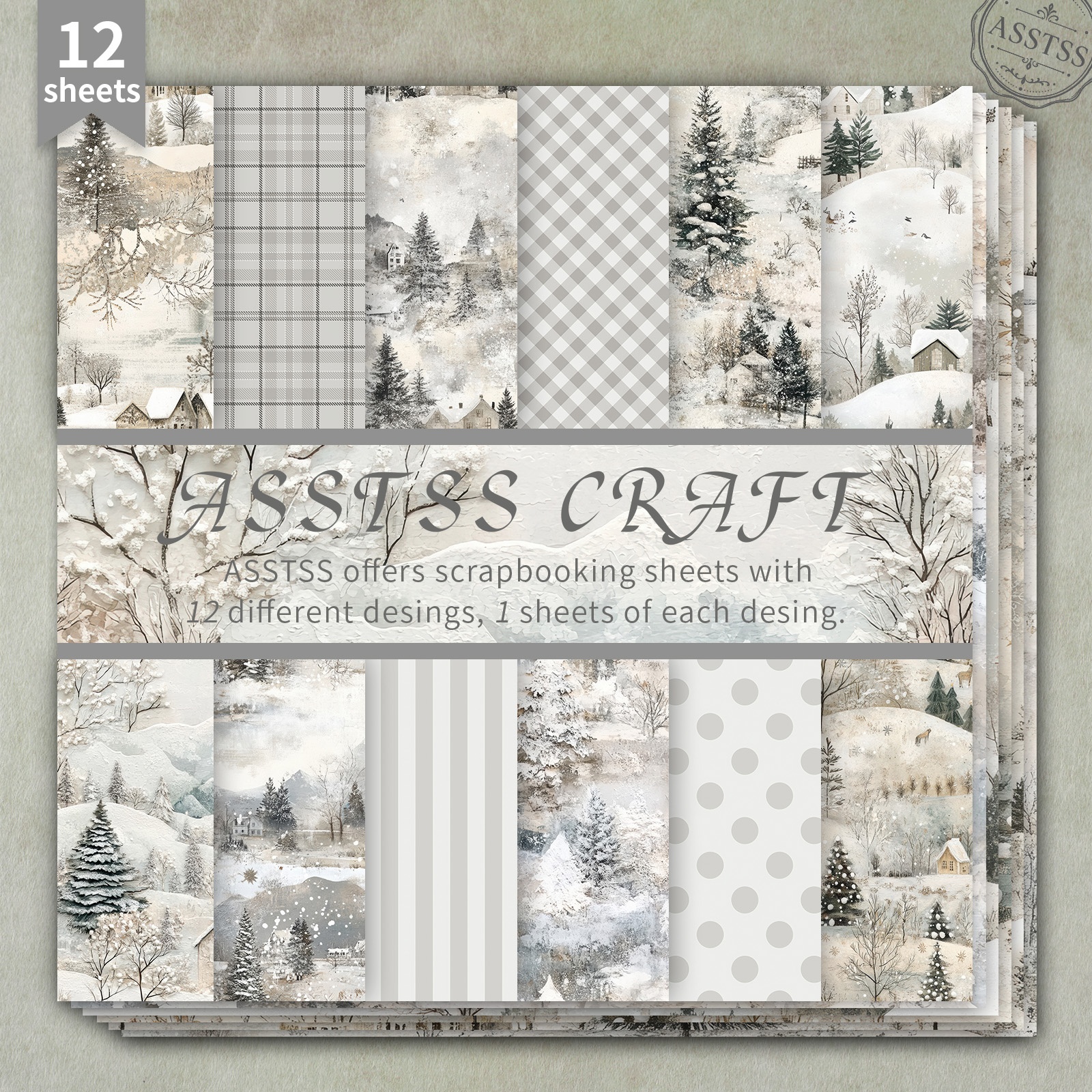 TEMU Bloc de papier de scrapbooking 12 feuilles assorties 6*6 pouces, papier de cadeau et papier de support style écossais cottage vintage neige gris
