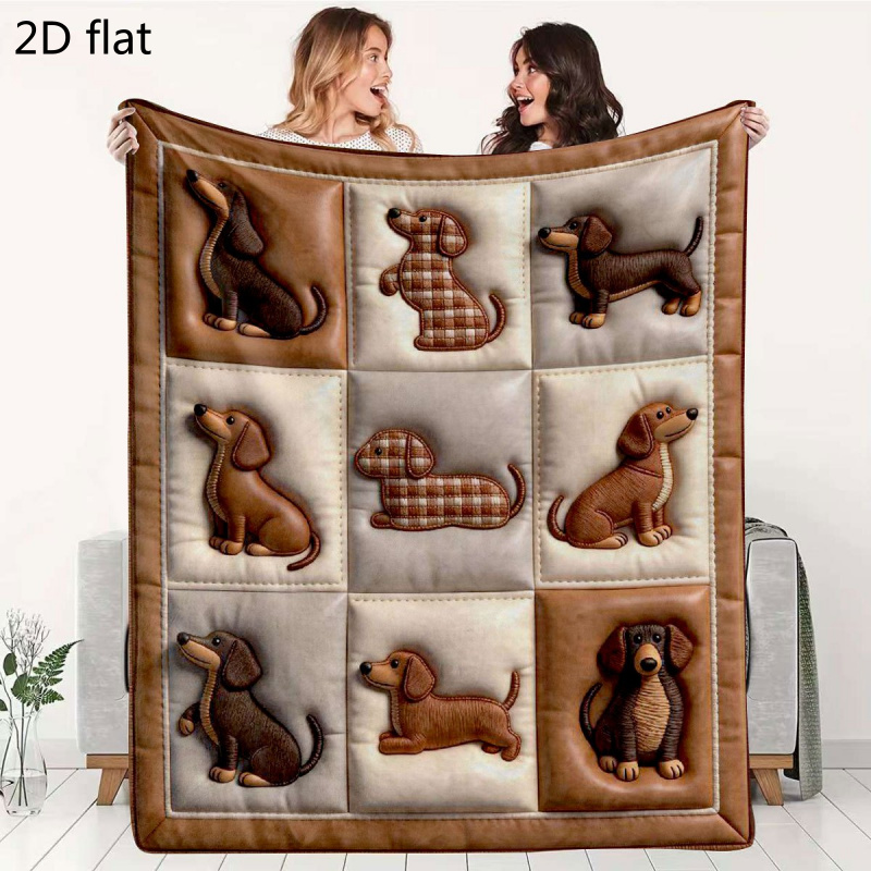 TEMU 1pc Dachshund Dog Fleece Blanket, Grid Style With Embroidered Look Dachshund Art Print, Soft Cozy Fabric For Lounging And Pet-themed Home Decor