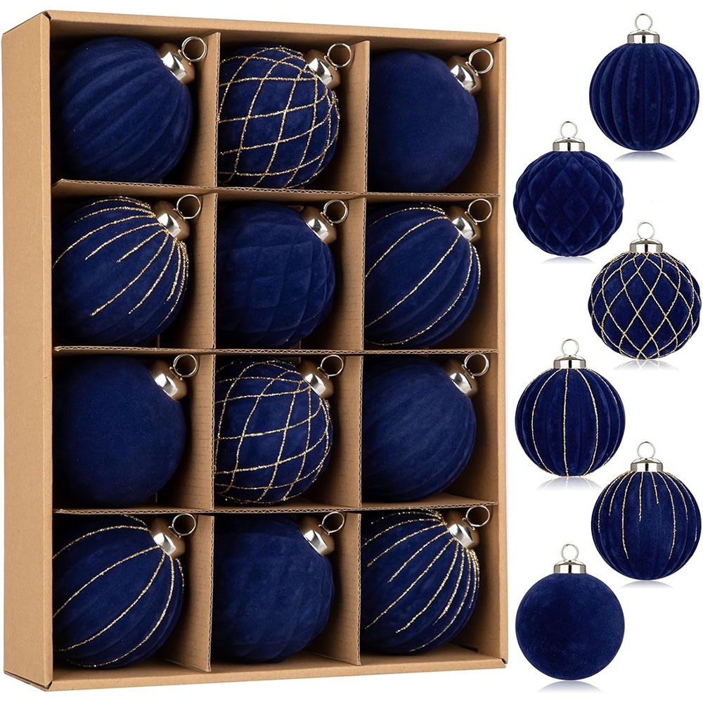 TEMU 12pcs Ornements de Noël en Velours 3.15 pouces, Boules de Noël Floquées pour Arbre de Noël, Décorations de Boules de Noël en Velours Suspendues