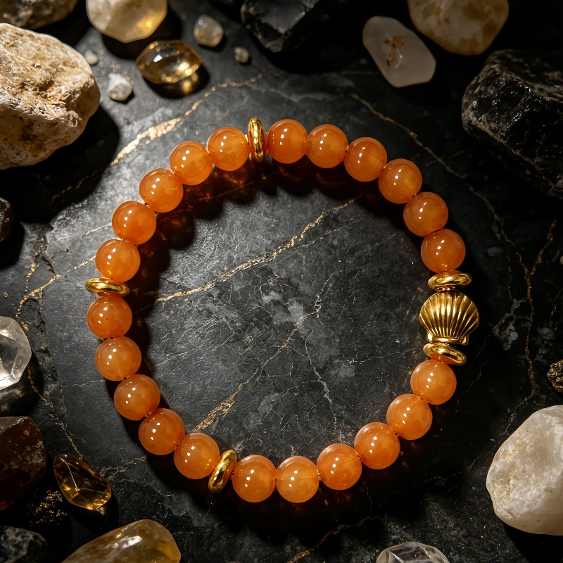 TEMU Bracelet rétro orange chaud en calcedonie, cercle unique, avec des perles d'espacement en , style océanique polyvalent. Les perles sont chaudes