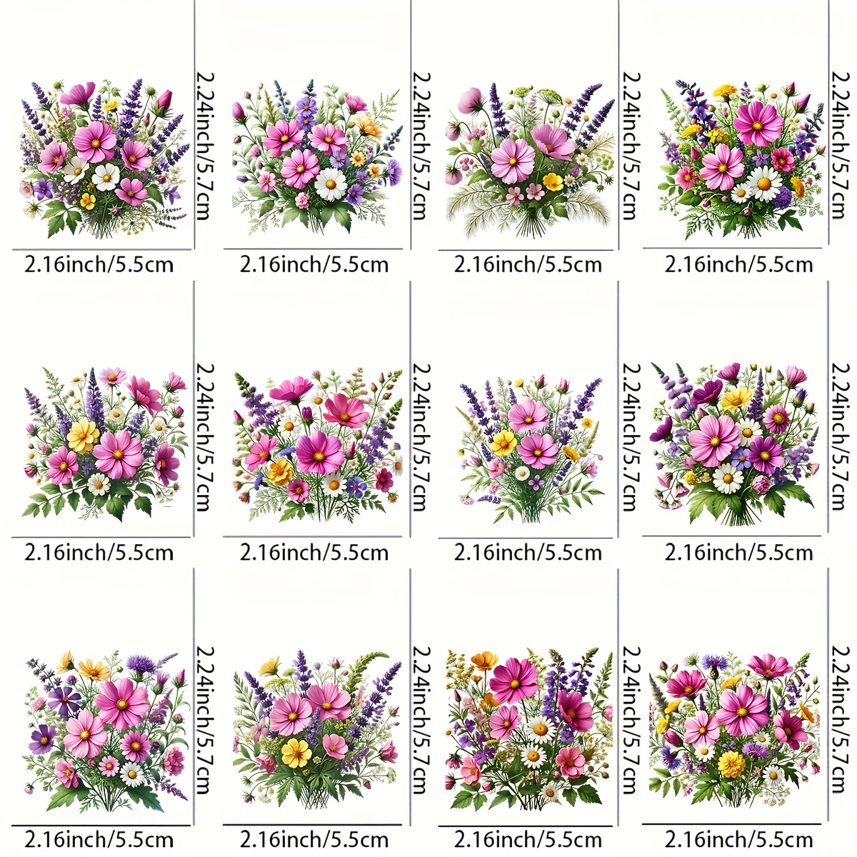E-shop 12 Stück Wildblumen-DTF-Transferaufkleber, geeignet für Tassen, Tische, Stühle, etc. – Lebendige Blumenmuster mit rosa, lila, gelben weißen