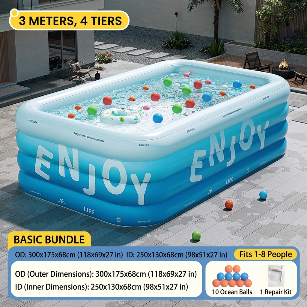 Large Inflatable Swimming Pools for Adults, Measuring 3M / 118.11In, Available in 3-Layer And 4-Layer Designs. Perfect for Outdoor Use, These Square And Elliptical Pools Are Made from Durable PVC Material