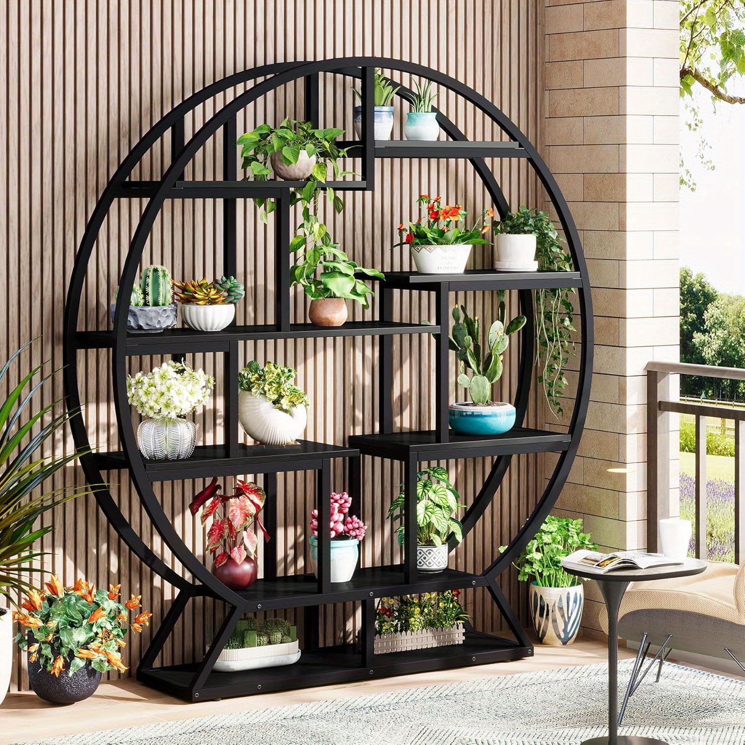 63 Inch Round Industrial Bookshelf - Rustic Wood & Metal Etagere Bookcase with Staggered Shelves, 350lb Capacity, Adjustable Leg Pads, Matte Black & Brown Finish, Open Shelving Organizer for Living Room, Home Office, Bedroom, Kitchen, Bookshelf Decorations, Versatile Display Shelf, Round Silhouette Shelf, Durable Particleboard