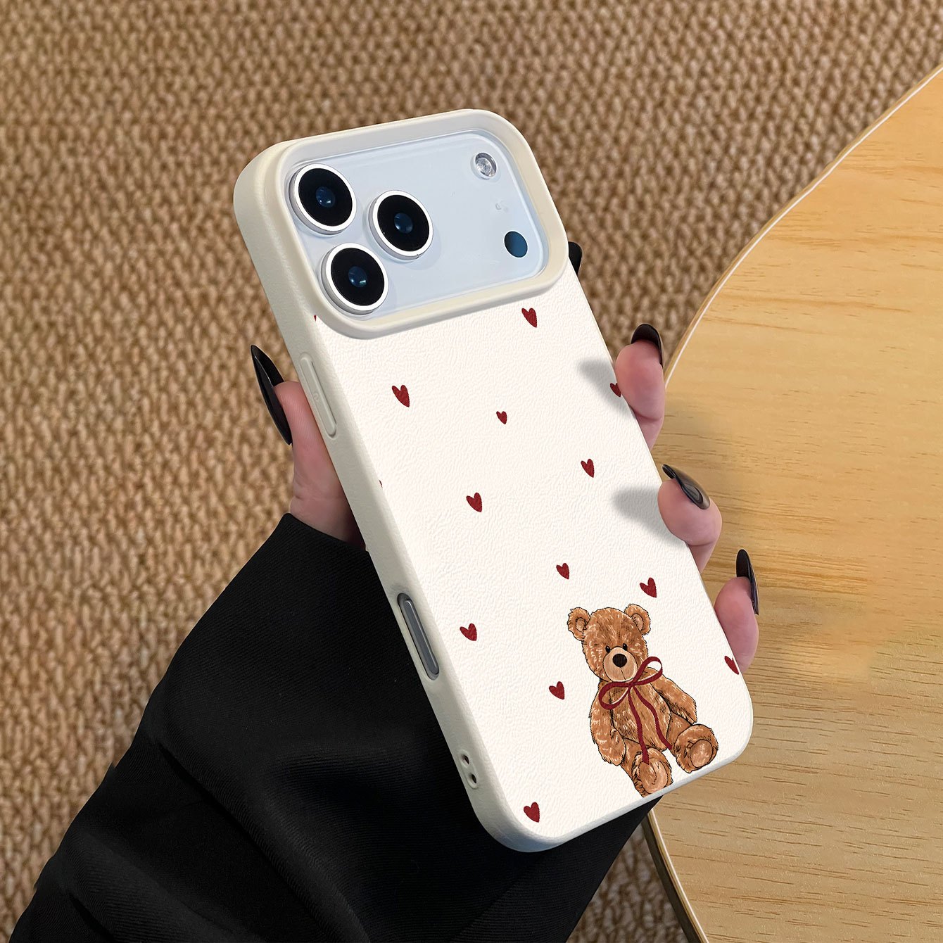 TEMU Phone Case: 1 Tpu Material Cute Brown Teddy Bear With Red Heart Accent Pattern And Lychee Texture Phone Case For Iphone
