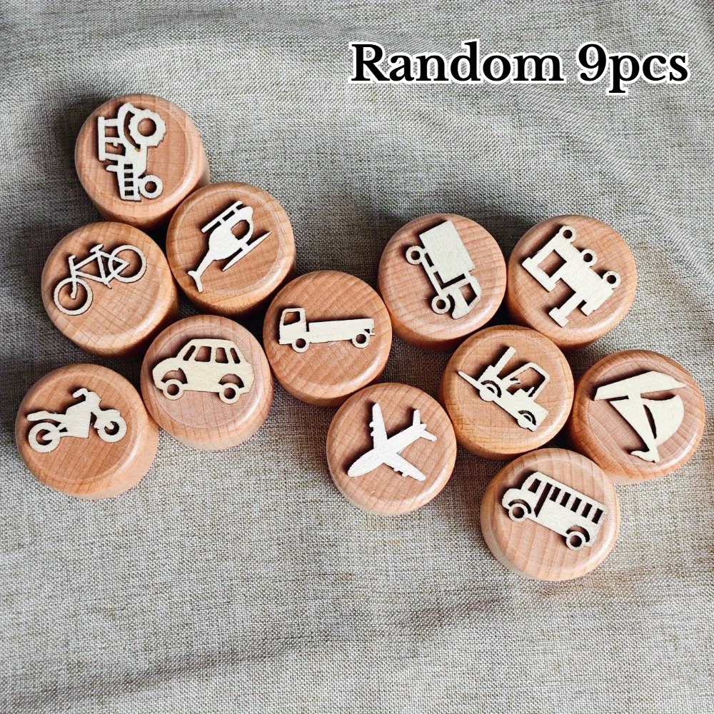 Image of 9pcs Random Transportation Seals, Wooden Sensory Seals, Educational Toys, Rubber Toy Set Car, Watercraft, And Aircraft Stamps: Educational Set For Creative