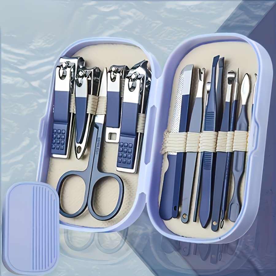 15pcs Professional Stainless Steel Nail Care Set Featuring Morandi Color Muted Tones, Ideal for Travel And Nail Salons, Comes with a Portable Storage Box, Exfoliating File, Clippers, And Blades