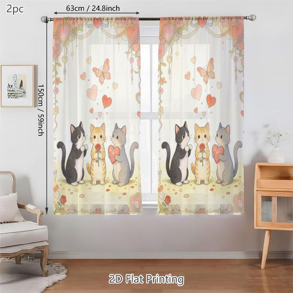 TEMU 2D Plat - Ensemble de rideaux transparents légers 2D pour et l'été, avec un motif floral pastel délicat d'adorables chats grassouillets et de de