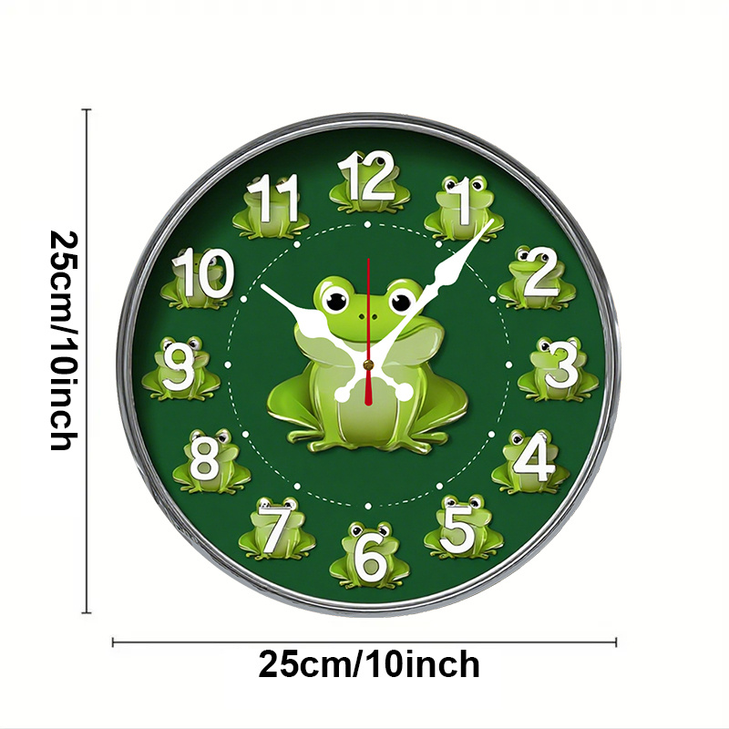 Image of 2d Flat Clock, 1pc Themed Cute Frog Green, European & American Round Silent Wooden Wall Clock With Reliable Quartz Movement. Batteries Not Included. Ideal Decor For Bedroom, Room And Office