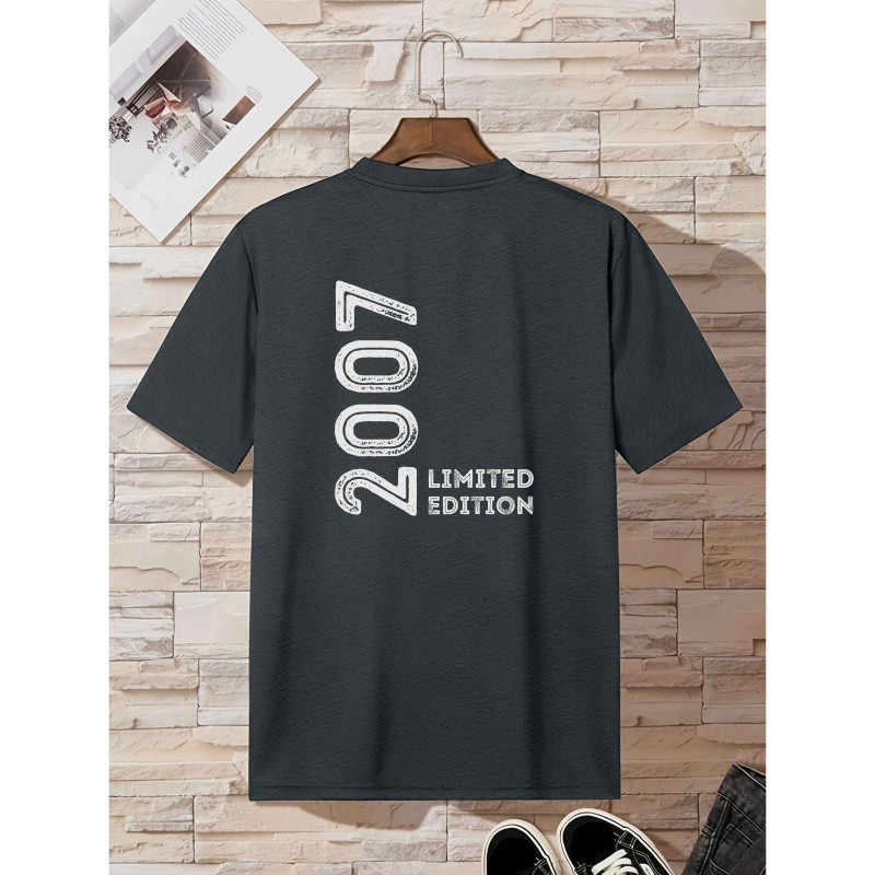 

Men's Casual Crew Neck T-shirt, Born In 2007 , Summer Short Sleeve Top, 100% Polyester, Medium Stretch, Regular Fit, Knit Fabric, 150gsm - Black