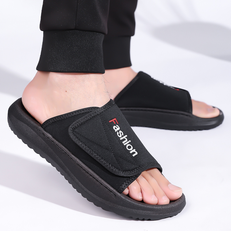 mens   slide sandals adjustable hook loop closure non slip eva sole breathable fabric upper indoor outdoor use ideal for beach holiday wear beach footwear  able slippers flexible cushioning beach shoe Product details 4