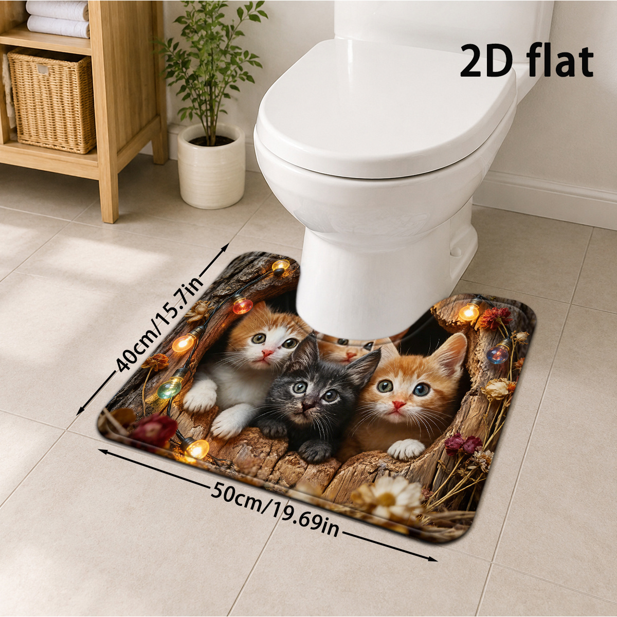 TEMU Tapis de bain 2D plat, 2D plat, [2D plat] 1pc Chaton en bois, niche colorée, lumière, tapis de bain, rétro, tapis de toilette de U, doux, épais,