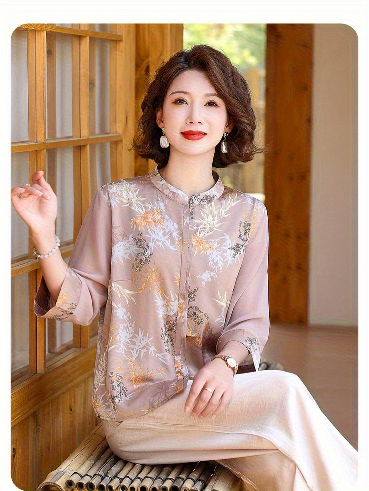 Élégante chemisier en à imprimé floral pour femme Style chinois  traditionnel, manches courtes, col avec détails boutonnés, haut