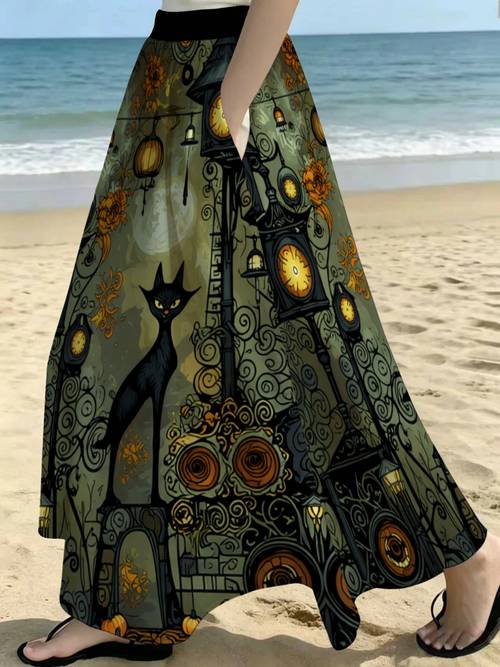 lianyaoshi printed designnot textured bohemian maxi skirt with black cat lantern print olive green lightweight for beach garden parties and casual outdoor wear polyester