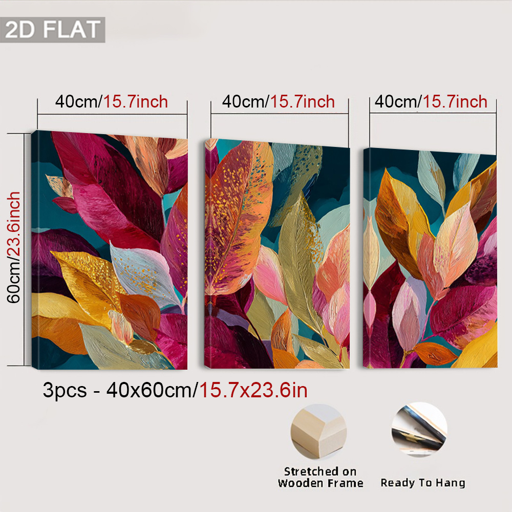 TEMU Set di tre quadri da parete 2D, con cornice, che presentano foglie colorate in un design piatto 2D, con illustrazioni botaniche astratte. Queste