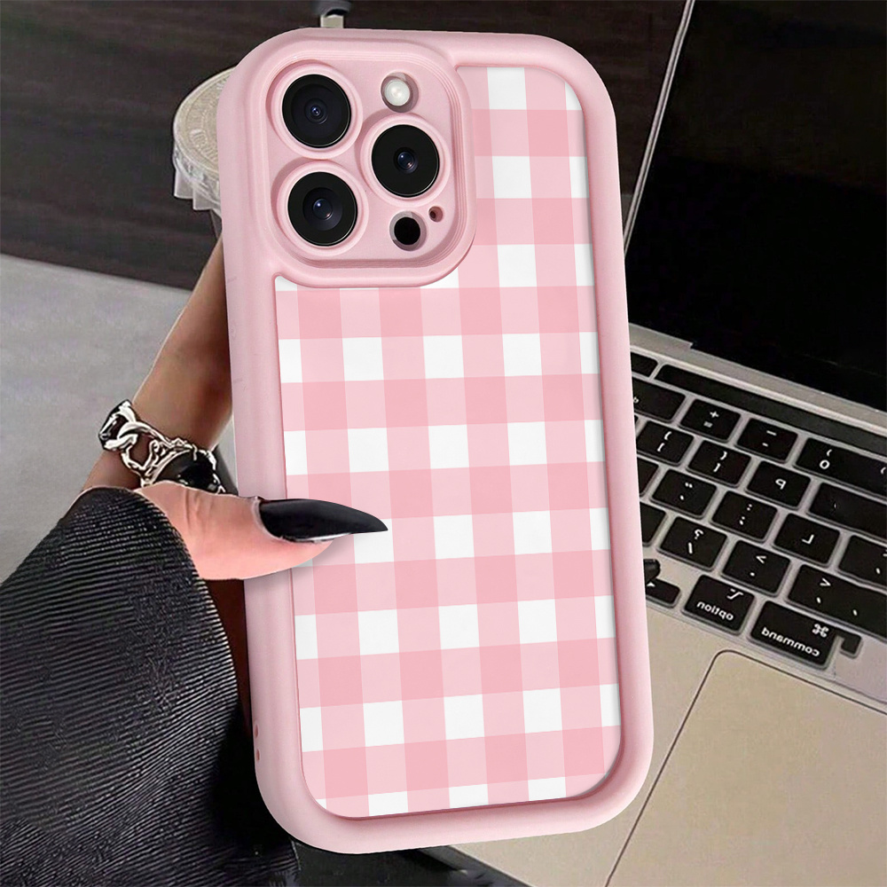 TEMU Phone Case - The Product Is A 2d Image, Not A 3d Image. Pink Checkered Printed Tpu Anti-drop Full Coverage Precise Protection Case Suitable For