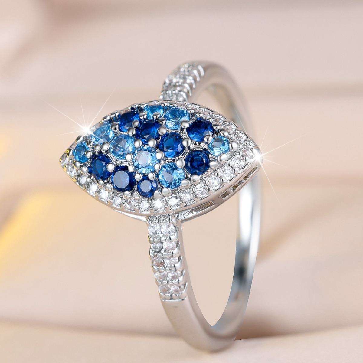 Men's Unique Pointed Ring with Blue Center Decoration