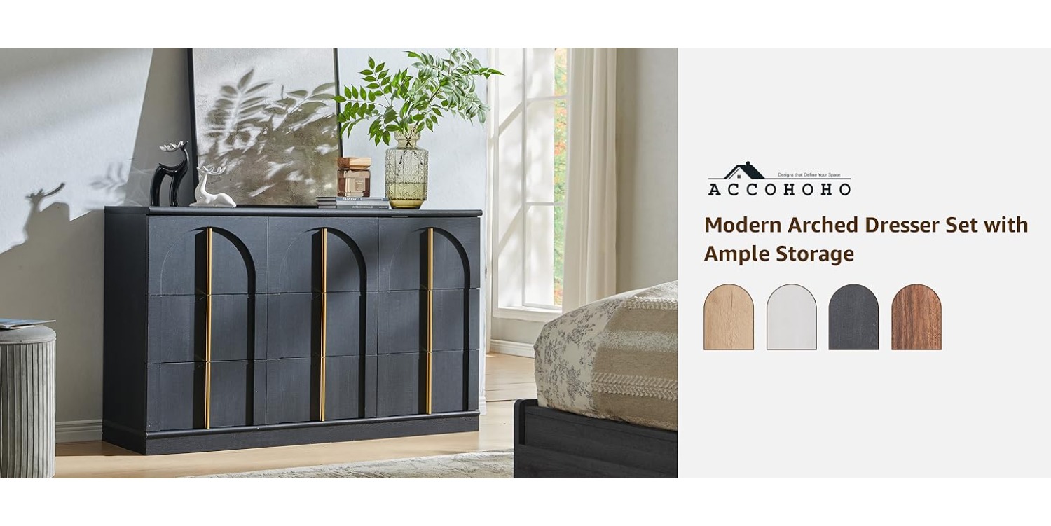 Cômoda Arqueada JXQTLINGMU de 9 Gavetas - Moderno Organizador de 52" e Suporte de TV 14 Detalhe das Gavetas e Design Arqueado