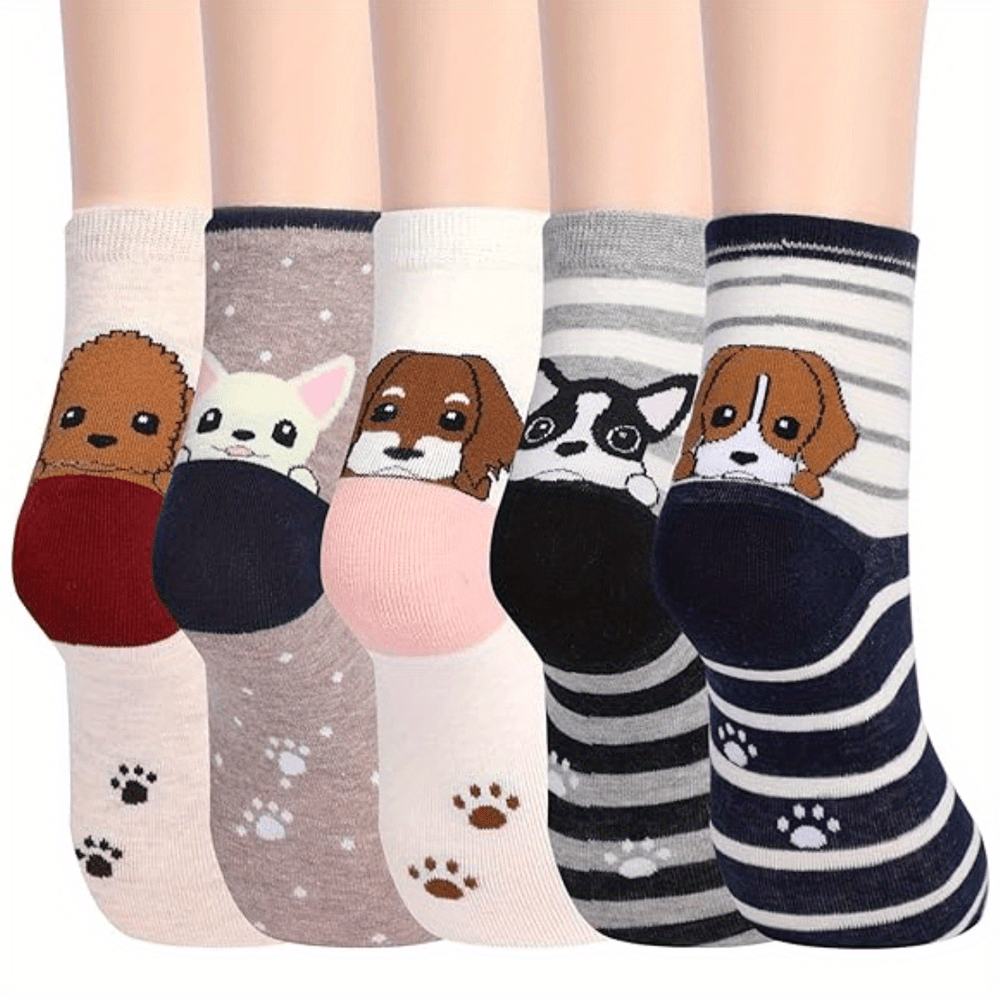 

5 Pairs Whimsywoof Women's Cotton Ankle Socks, Cute Patterns, Novelty Crew Socks For Pet Lovers, Hand Washable