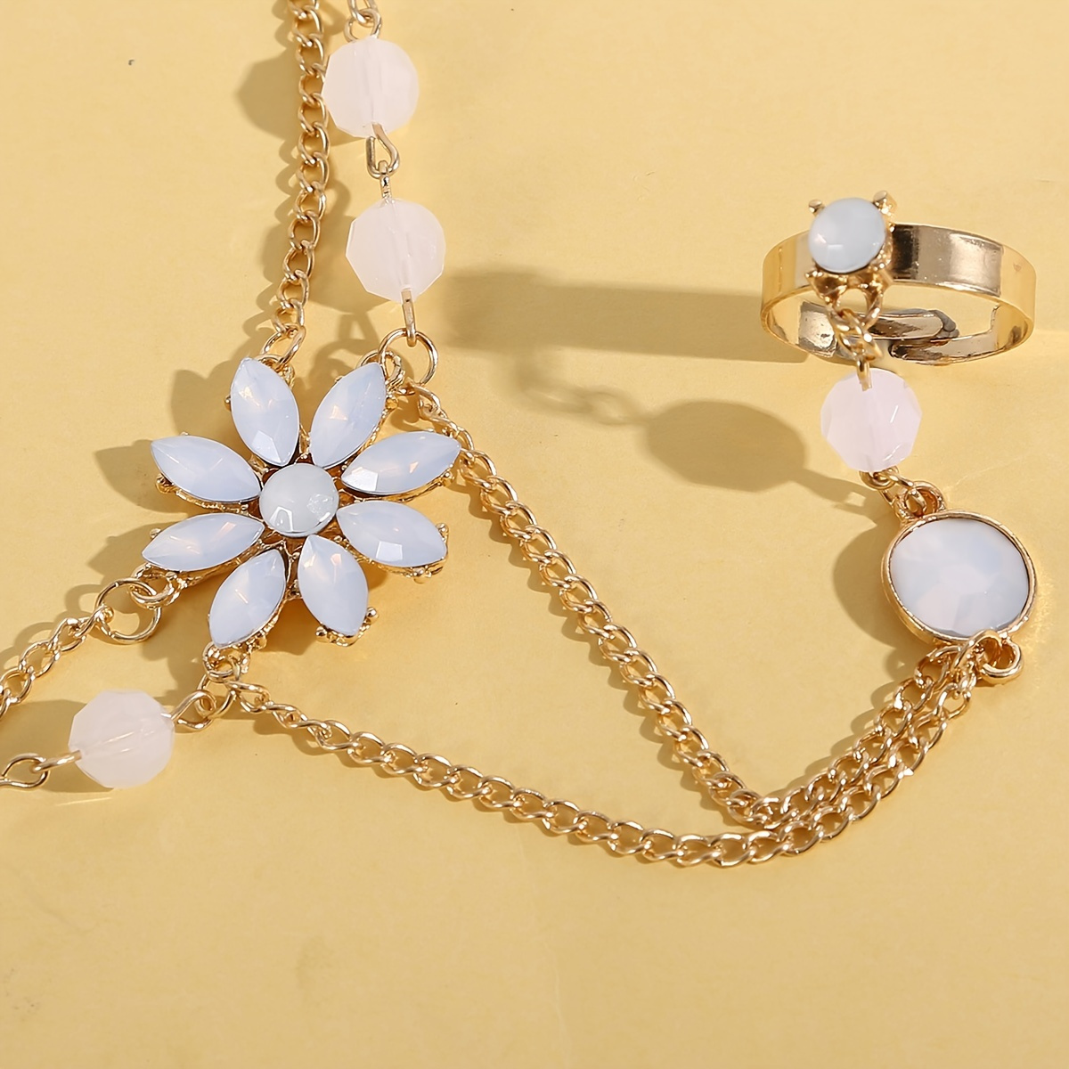 Pulseira Anel de Dedo de Flor Ajustável Joias de Mão  7