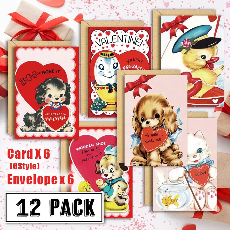 

12pcs Vintage Animal Valentine's Day Cards With Envelopes - Unique For Husband, Wife, Boyfriend, Girlfriend - Party Favors & Decorations