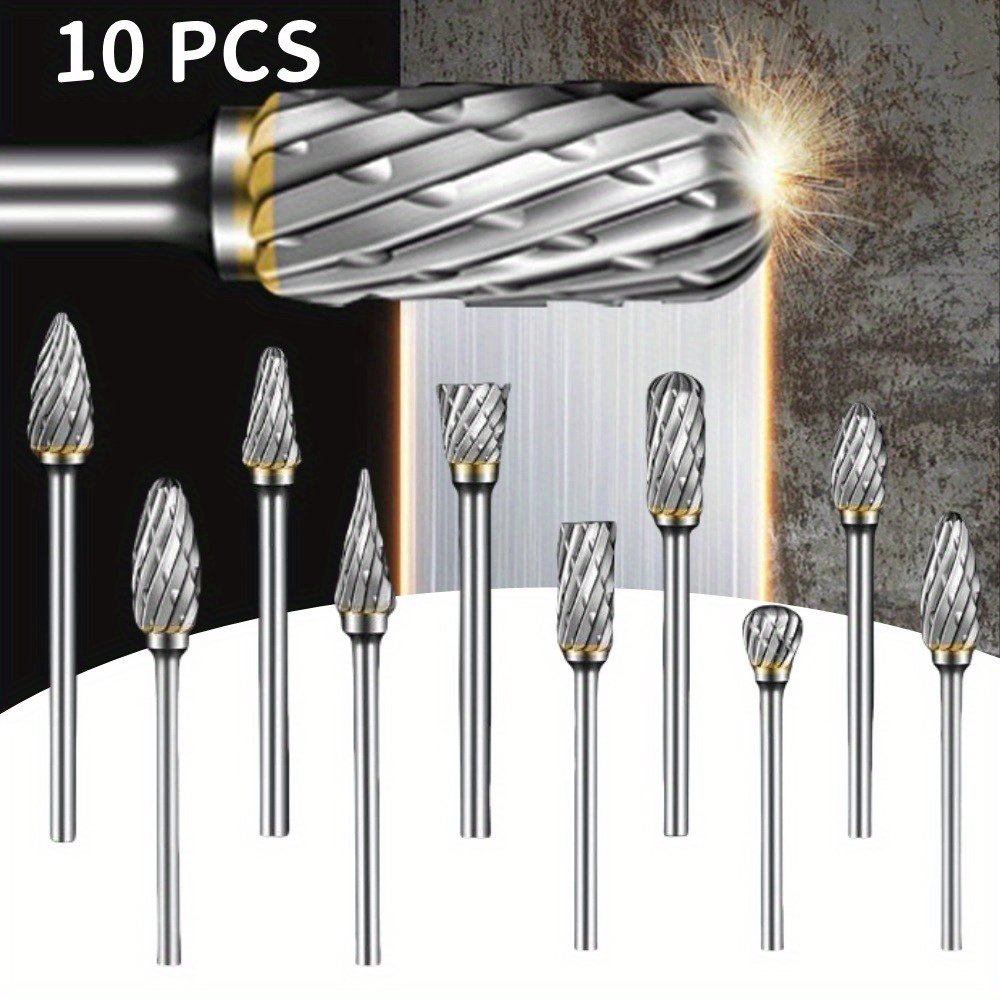 

Carbide Burr Set Compatible Rotary Tool 10pcs Die Grinder Bits Rotary File With 1/ 8" Shank Tool Accessories For Attachments Cutting Burrs Metal Grinding Engraving Porting