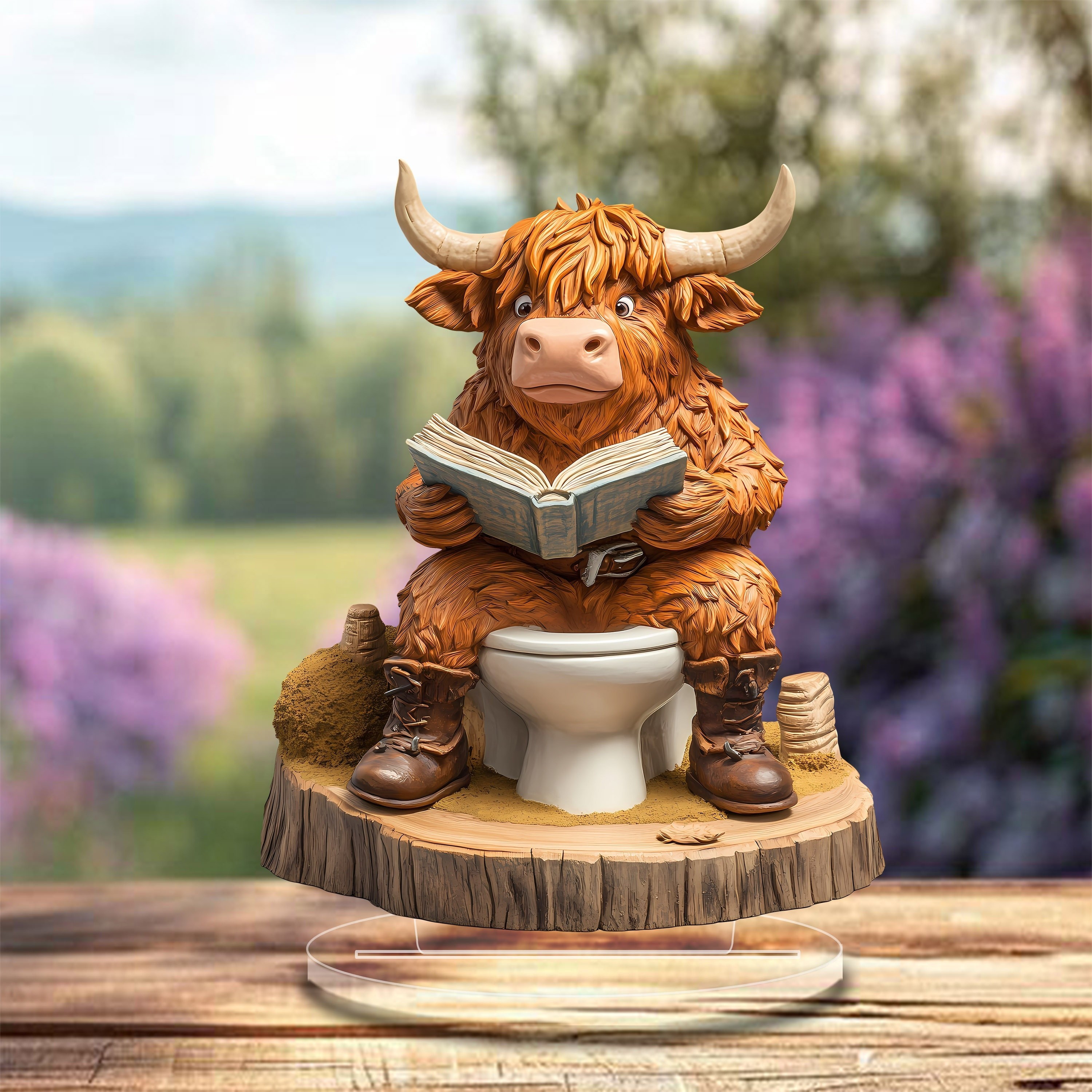 

2d Flat Bohemian Highland Cow Acrylic Statue, 7.1"x9" Tabletop Decor, Multipurpose Animal Theme, Country For Home, Office, Cafe Display, English Text