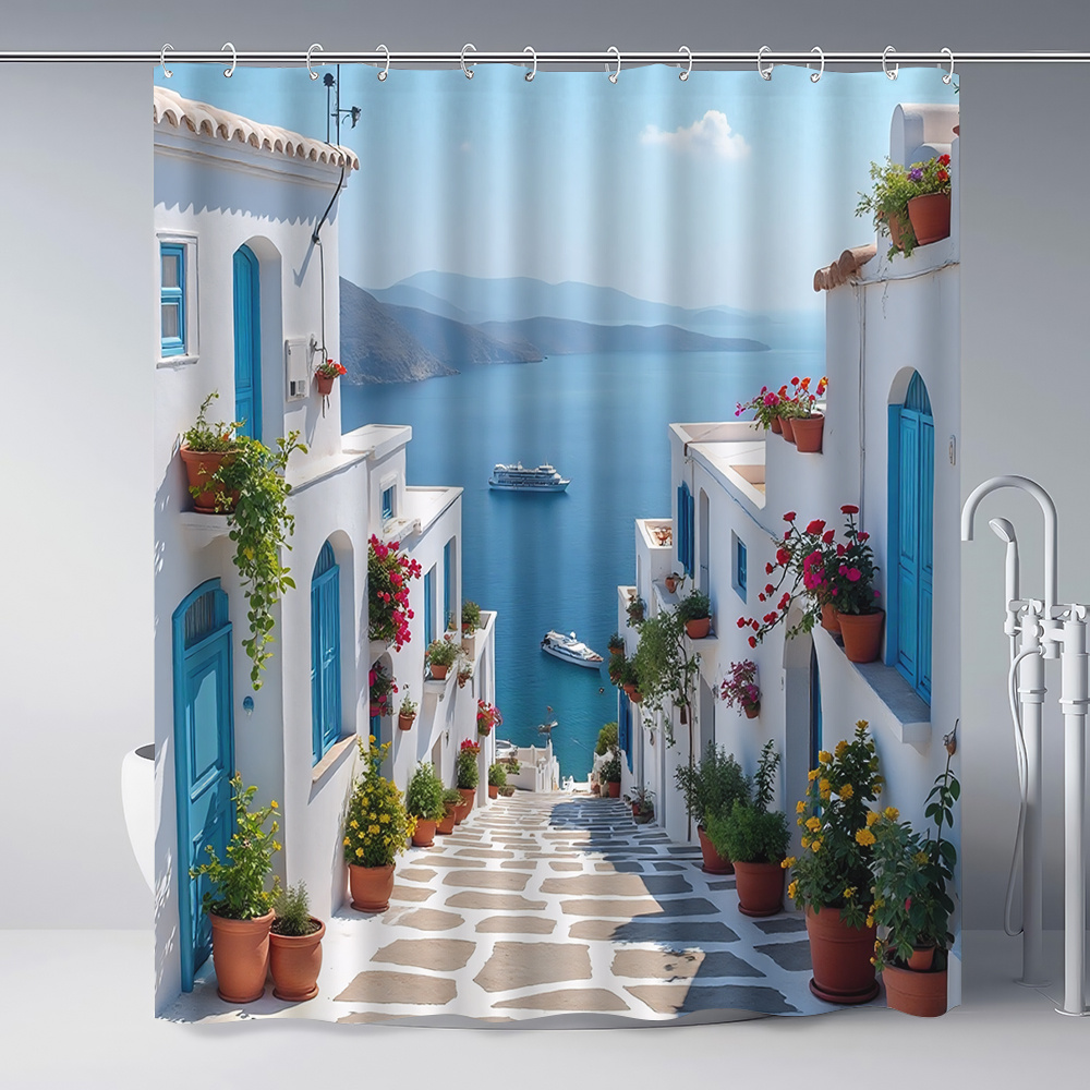 TEMU 1 Mediterranean - Style Street And Floral Pattern Printed Shower Curtain, And - Decor Bathroom Curtain, Including 12 Hooks, Suitable For Window,