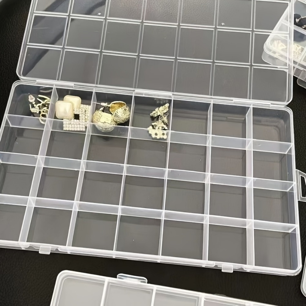 6pcs clear plastic storage box set with lids - heavy-duty transparent organizer with labelled compartments, durable stackable design & rounded corners for jewelry, beads, buttons, screws, nuts, bolts - ideal moving gift,   organization (24 compartments total, 6 trays + 6 lids) - dustproof & scratch-resistant, easy to clean, compact storage solution for small items, scratchresistant container, craft enthusiasts, diy hobbyists Product details 4