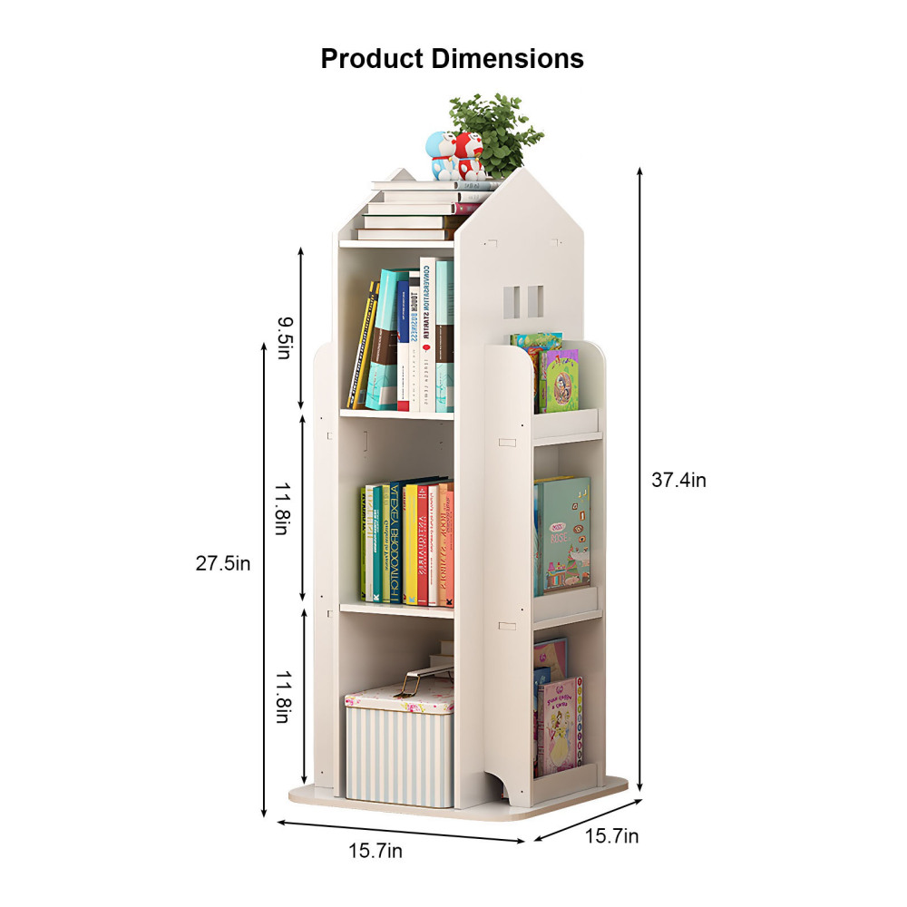 4-Tier Rotating Bookshelf, 360° Display Book Shelf, Floor Standing Bookcase, Children's Bookshelves for Bedroom, Living Room, Study Room ( WHITE Color)