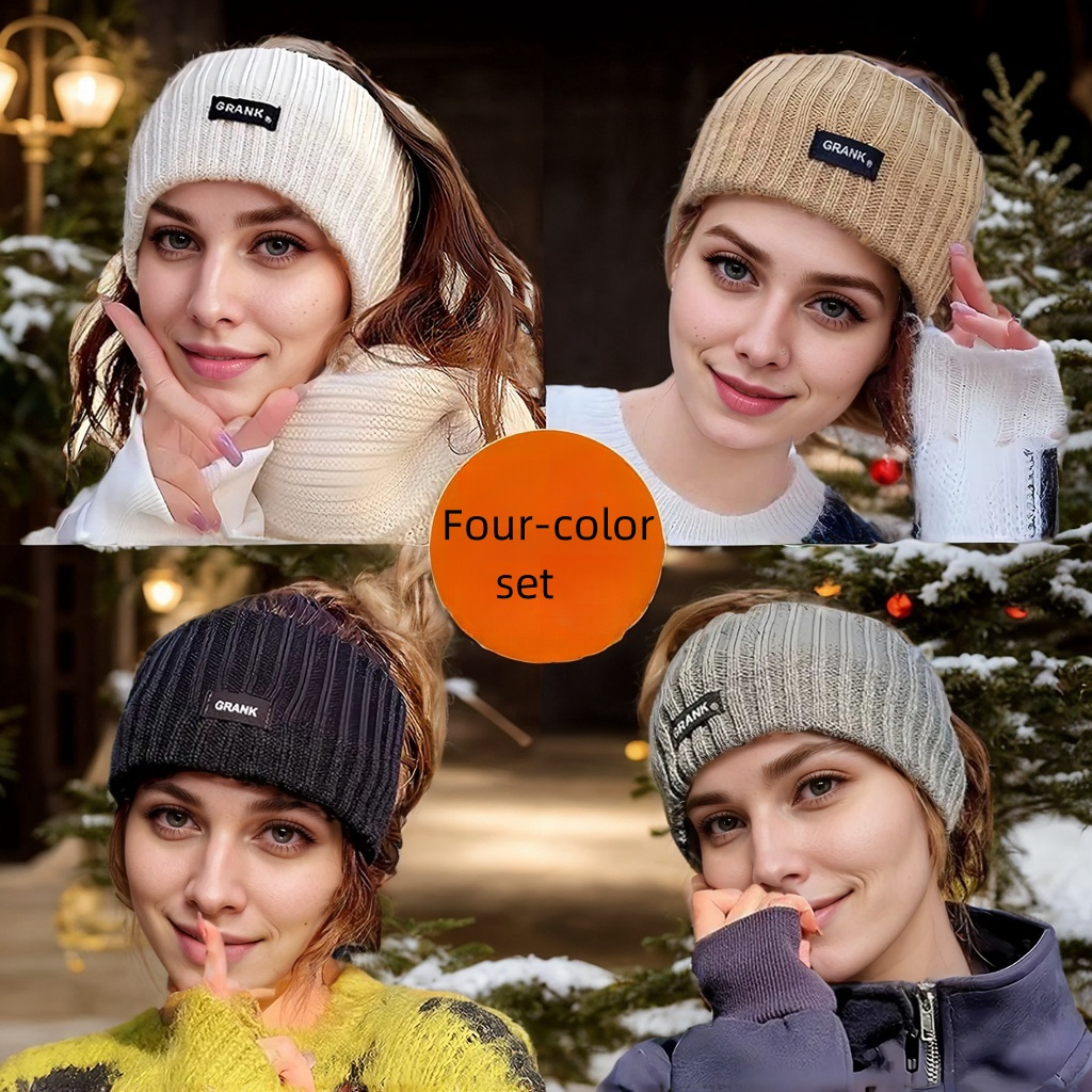 

4pcs Winter Warm Knit Beanie Set - Wide Ponytail Headbands With Letter For Outdoor Sports - Black, Gray, Khaki,