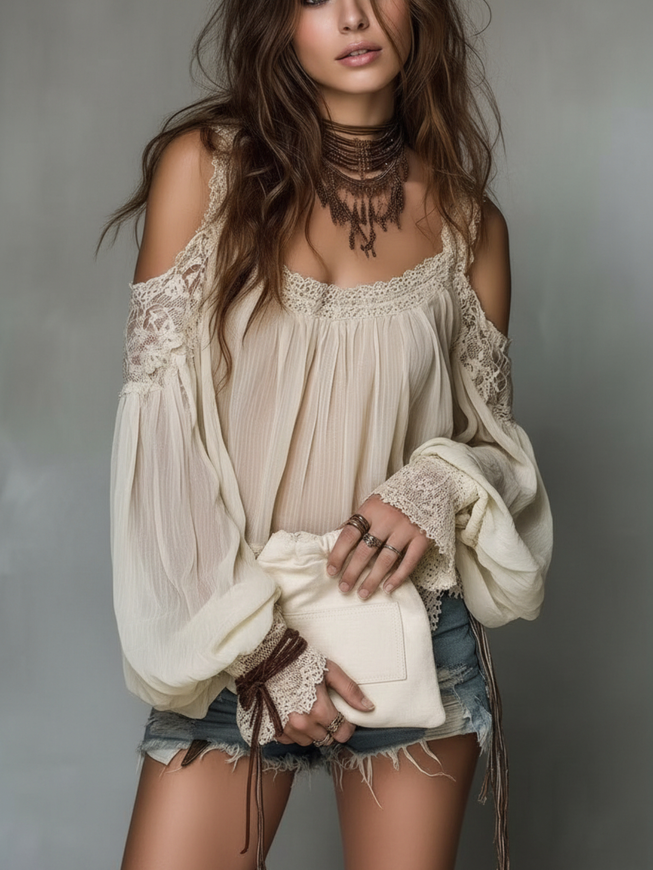 Beige Lace Shoulder Puff Sleeve Top Womens Vintage Bohemian