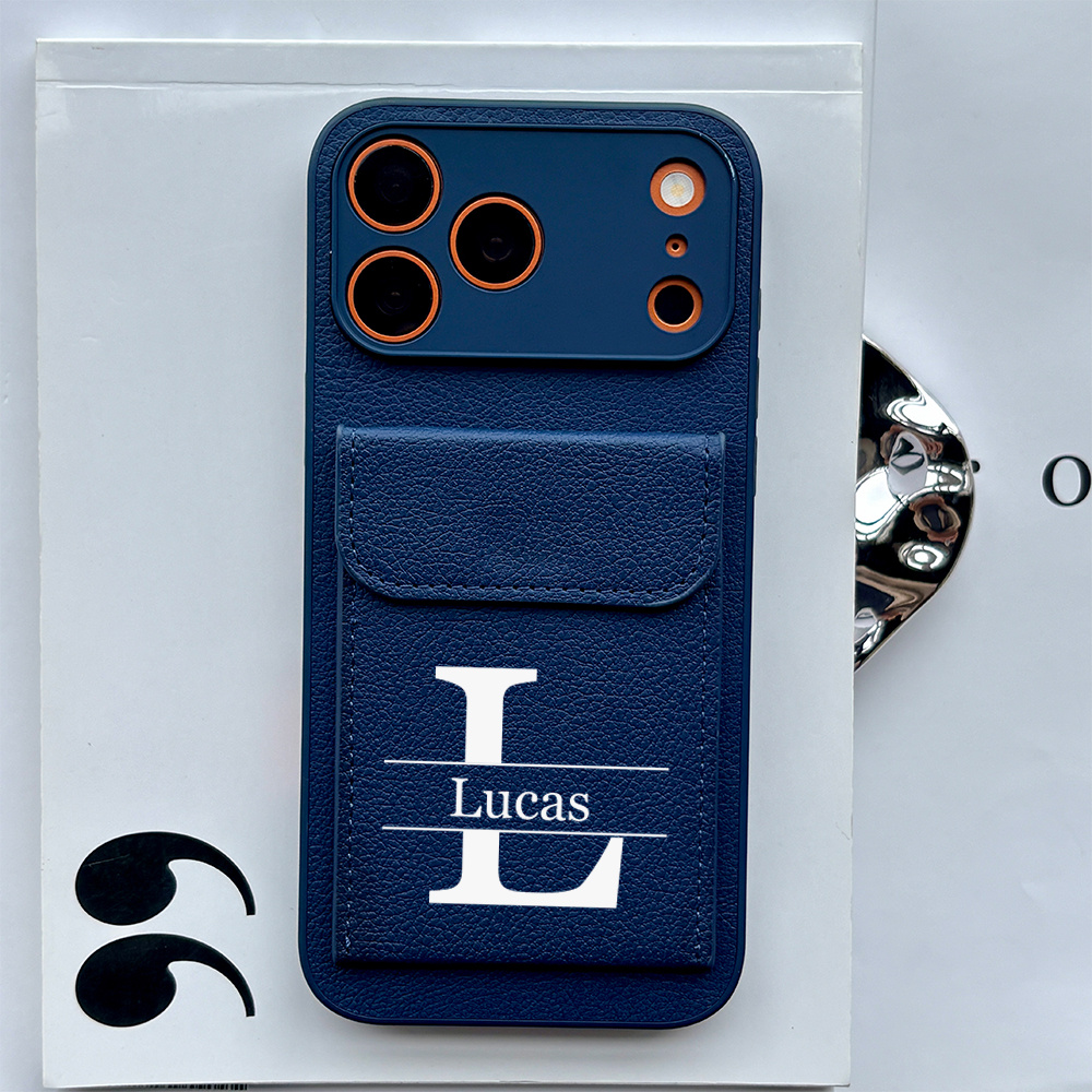 TEMU Phone Case: Phone Case Initial Monogram Custom Pu Card Holder Stand Phone Case With Name And Initial, Suitable For Iphone 17 16 15 14 13 12 11