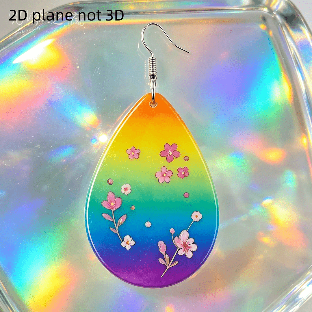 Rainbow Gradient Cherry Blossom Teardrop Dangle Earrings, Gift