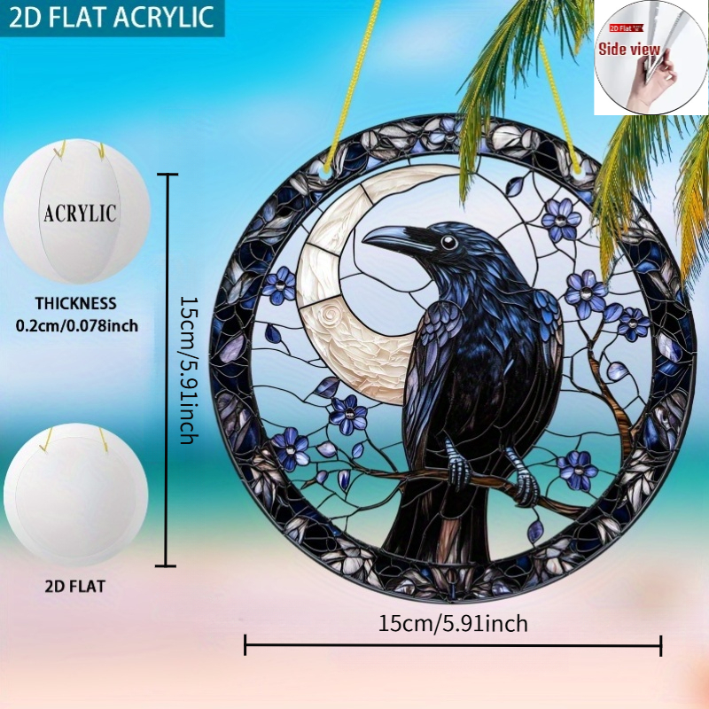 TEMU Décoration de fenêtre à suspendre 2D plat, 2Dflat, style vitrail gothique vintage avec et lune, attrape-soleil rond floral bleu-violet sur une